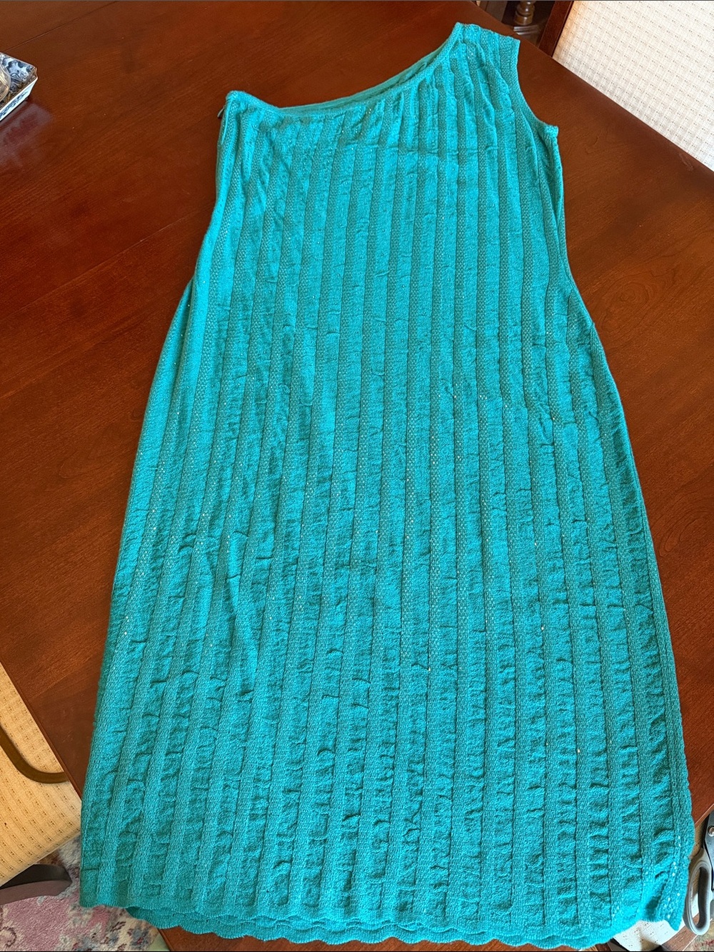 St. John Teal Ribbed Knit One-Shoulder Midi Dress